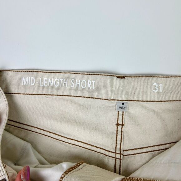 J Crew Mid Length Denim Bermuda Shorts Ecru Beige Cotton Denim Cut Offs Women 31 - Picture 9 of 13